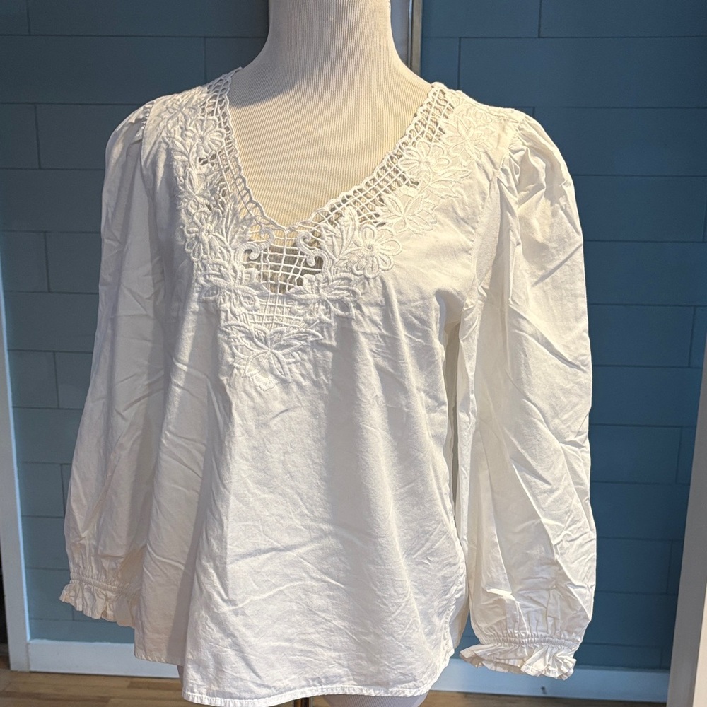 J. Crew White Floral Lace V-Neck Blouse